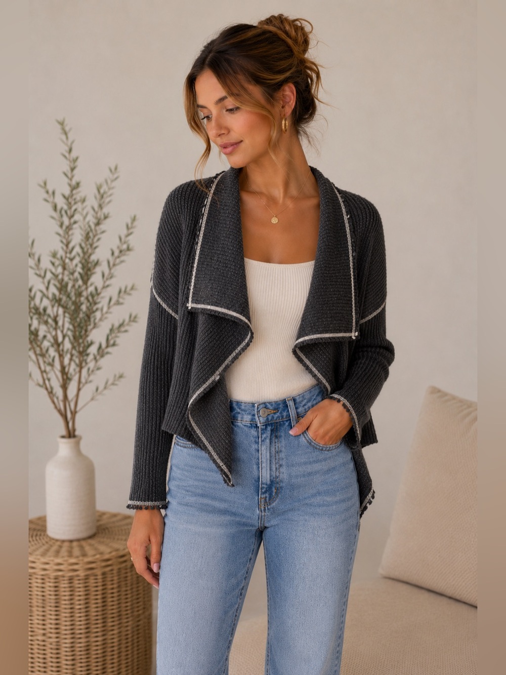 Ivan Grundahl Cotton Knit Tiered Cardigan Scarf Jacket Gray Size S